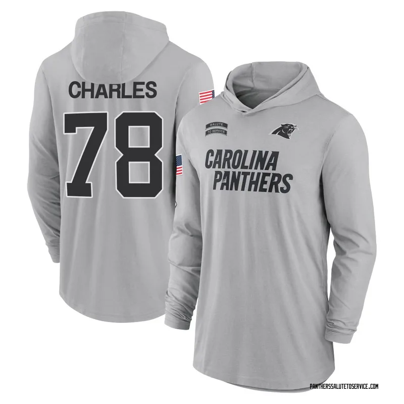 Men's Saahdiq Charles Carolina Panthers Gray 2024 Salute to Service Lightweight Performance Long Sleeve Hooded T-Shirt