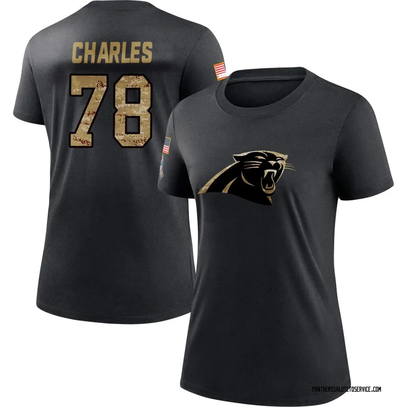 Women's Saahdiq Charles Carolina Panthers Black 2020 Salute To Service Performance T-Shirt