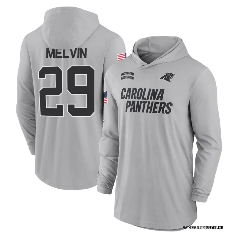 Youth Rashaan Melvin Carolina Panthers Gray 2024 Salute to Service Lightweight Performance Long Sleeve Hooded T-Shirt